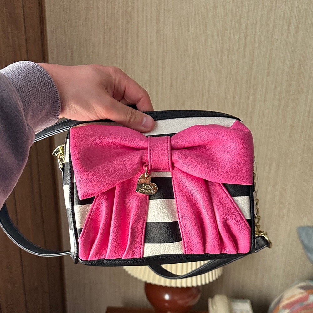 Betsey Johnson Black & White Striped Crossbody with Hot Pink Bow